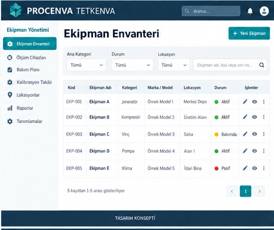 Ekipman envanteri için tek örnek ekran — tasarım konsepti